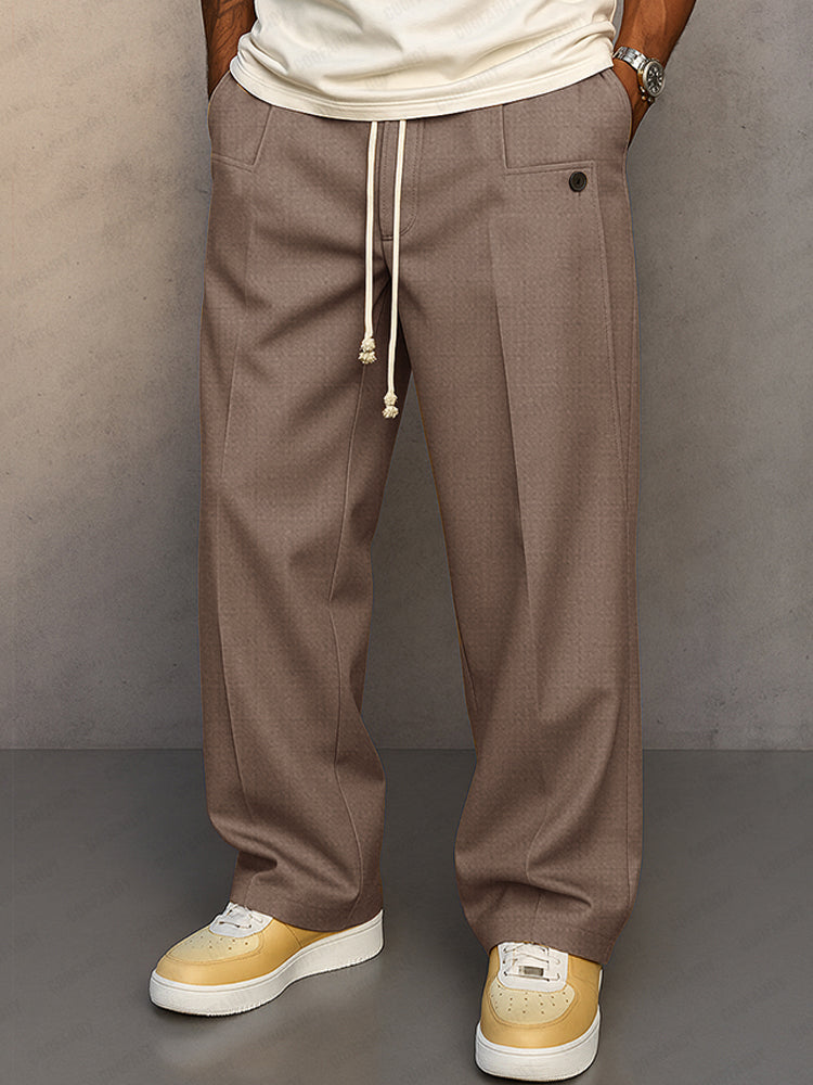 Men's grey relaxed fit pants, another view.