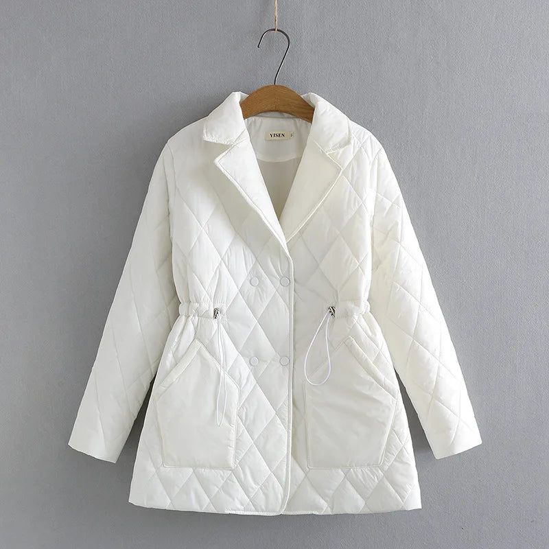 Weiße gesteppte Damenjacke, Wintermantel, elegant, warm, mit Kordelzug, modisch.