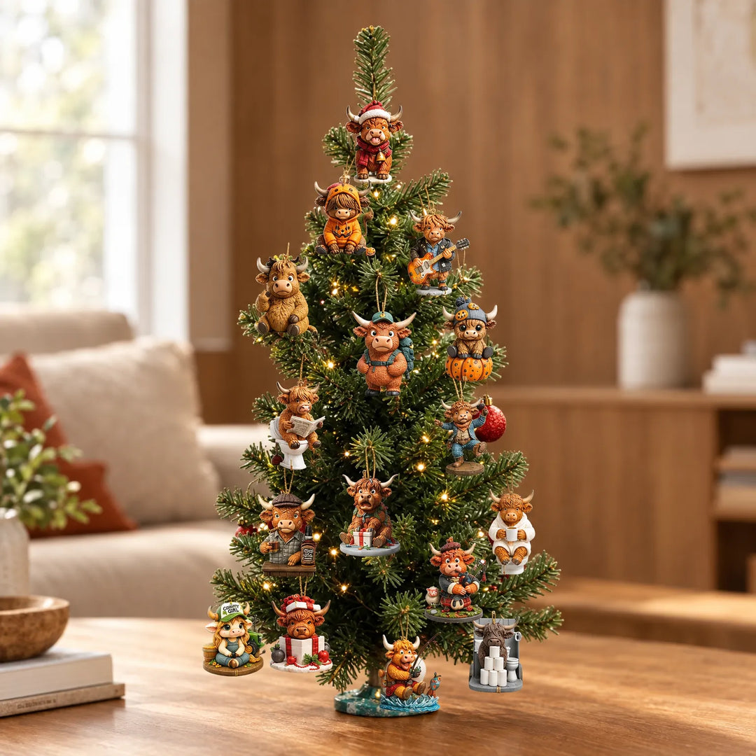 Small lit Christmas tree in a cozy living room, hung with many Highland cow ornaments in different costumes and poses. 1