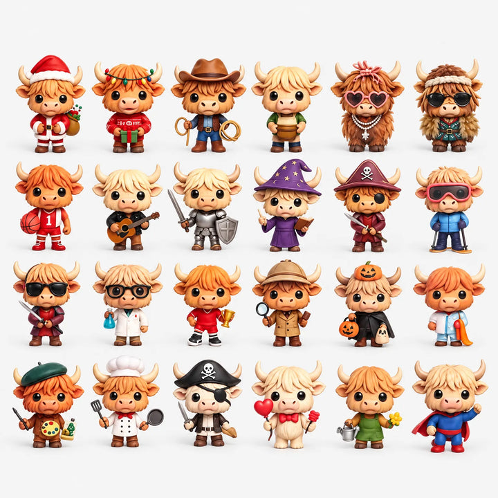 Grid of twenty-four small figurines of cute Highland cows in different costumes, such as Santa, cowboy, wizard, pirate, chef and superhero. 2