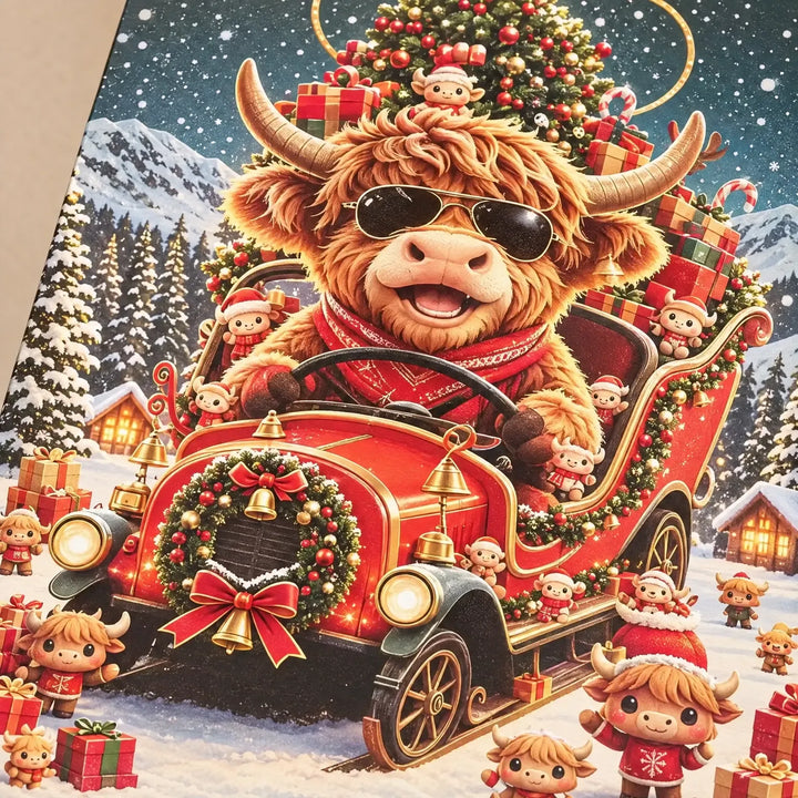 Close-up of the illustrated cover art: a Highland cow in aviator sunglasses driving a red sleigh car loaded with gifts and a tree. 3