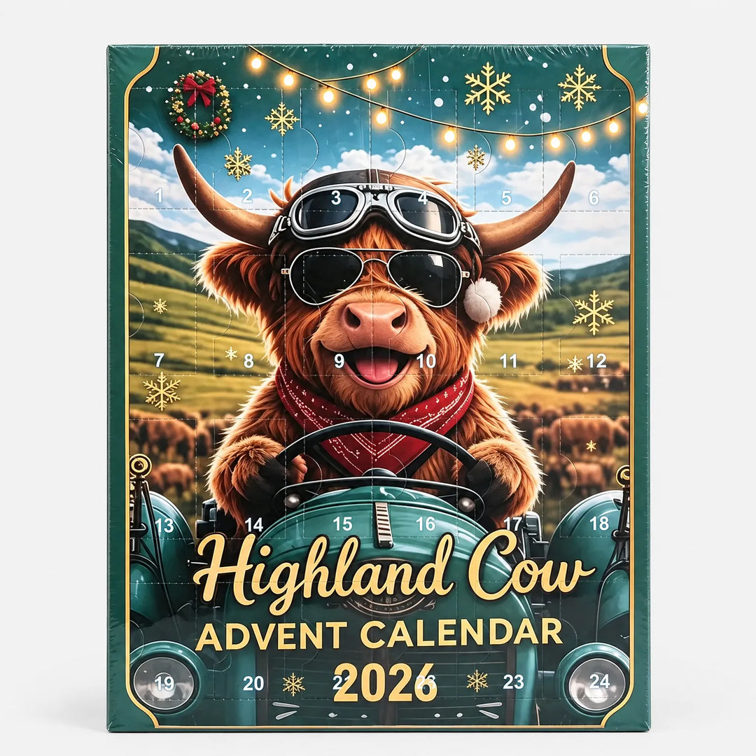 Front of the wrapped calendar with numbered doors 1 to 24 over a Highland cow in goggles and sunglasses driving a green tractor. 4