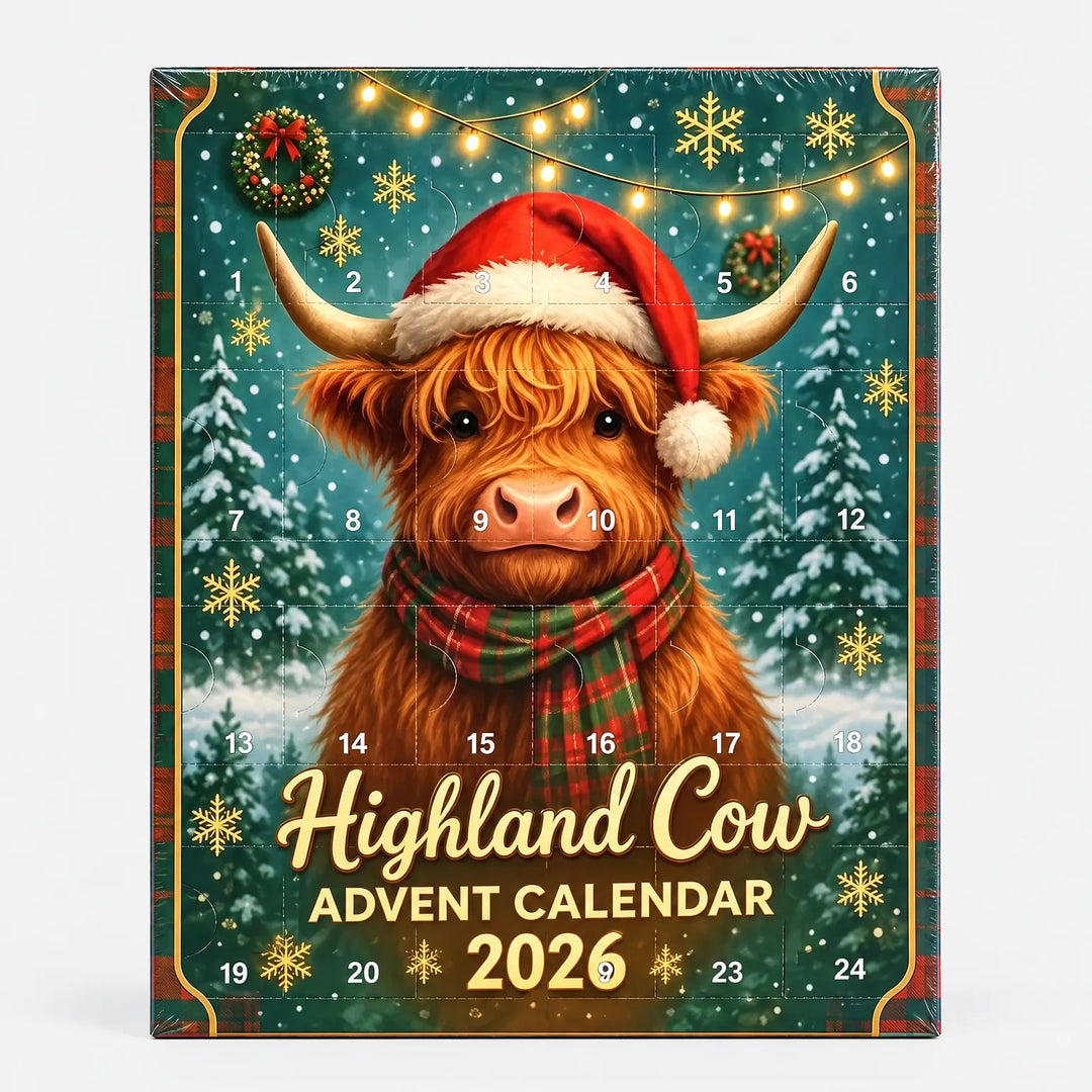 Wrapped calendar front with numbered doors 1 to 24 over a Highland cow in a Santa hat and plaid scarf in a snowy forest. 6
