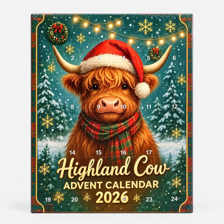 Wrapped calendar front with numbered doors 1 to 24 over a Highland cow in a Santa hat and plaid scarf in a snowy forest. 6