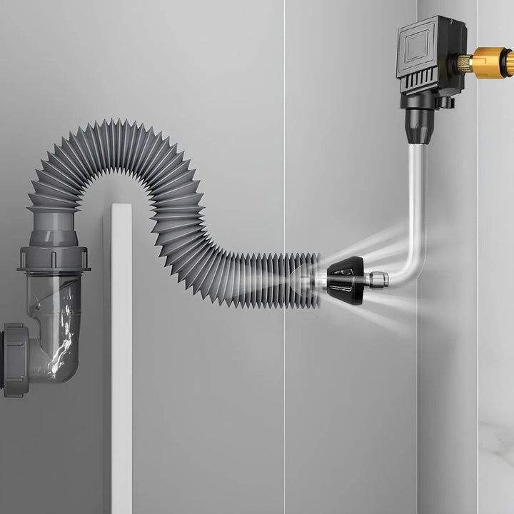 Illustration of the nozzle inside a flexible corrugated drain pipe under a sink with spray jets flushing the pipe.