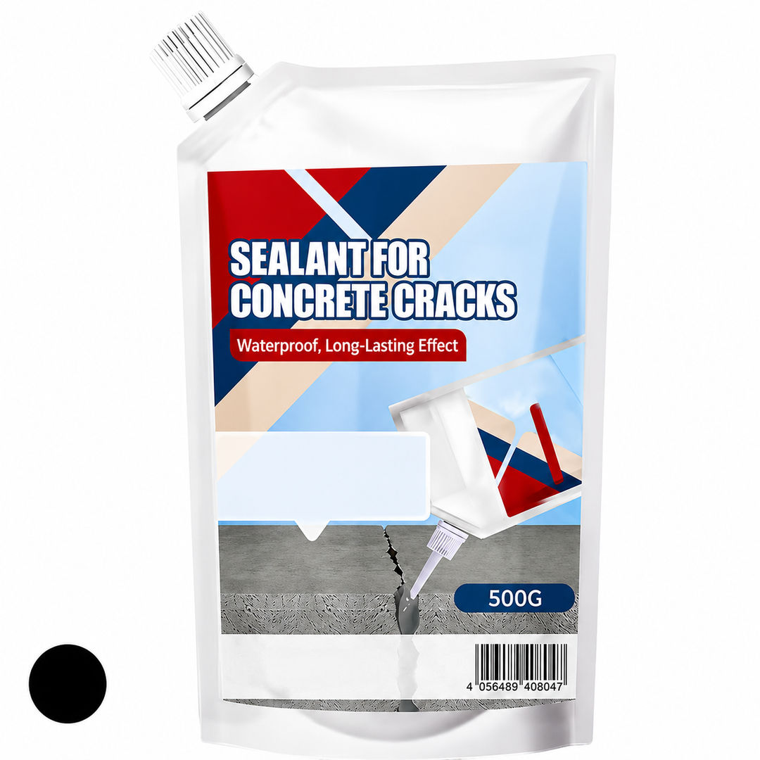 Front of the 500g sealant pouch with white spout cap, shown with a black color swatch.