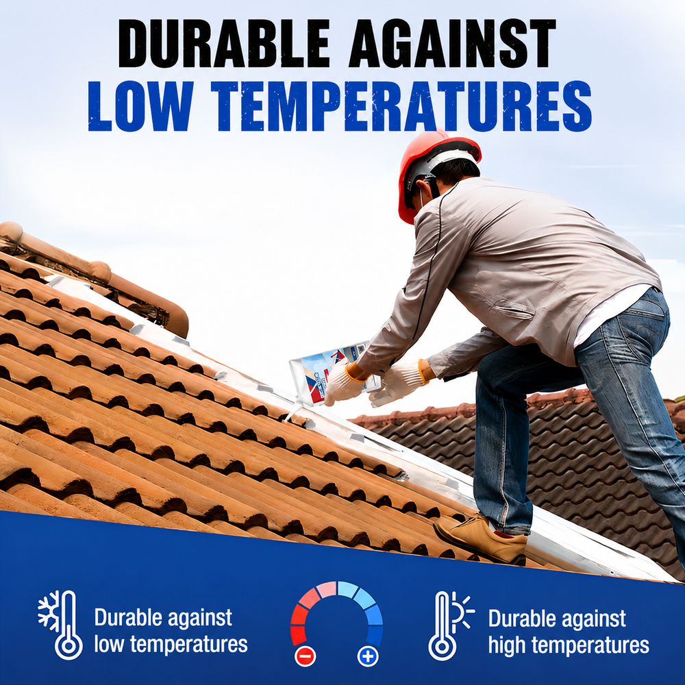 detail of sealant being applied along roof tile edges with temperature icons below