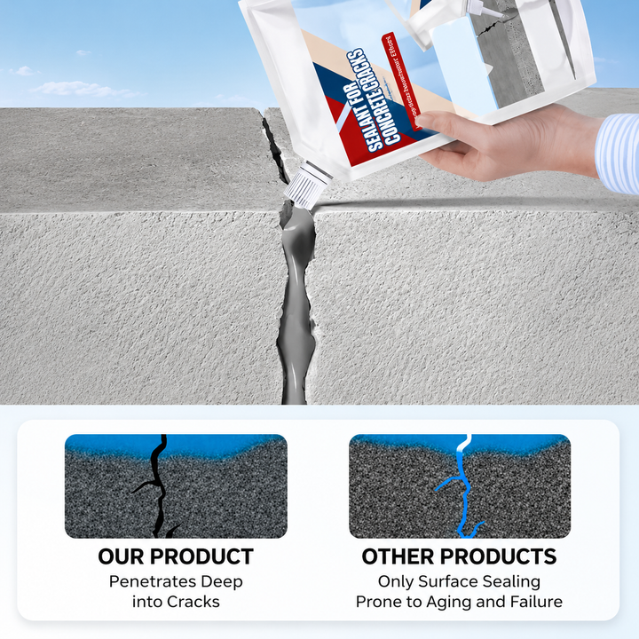 detail of gray sealant being poured into a deep concrete crack with a cross-section comparison