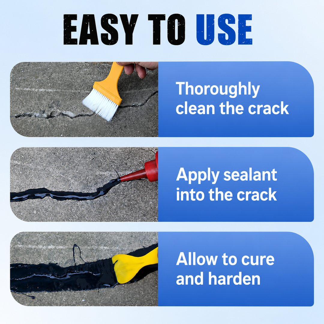 detail of a three-step guide showing a crack being brushed out, filled with black sealant, and smoothed