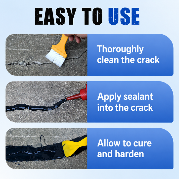 detail of a three-step guide showing a crack being brushed out, filled with black sealant, and smoothed