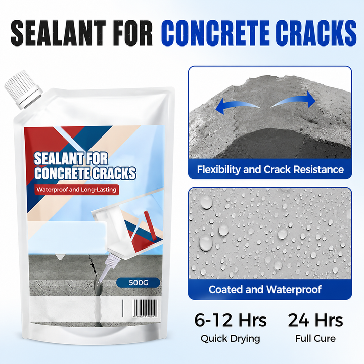 detail of the pouch beside a flexible concrete crack and water beading on a coated surface