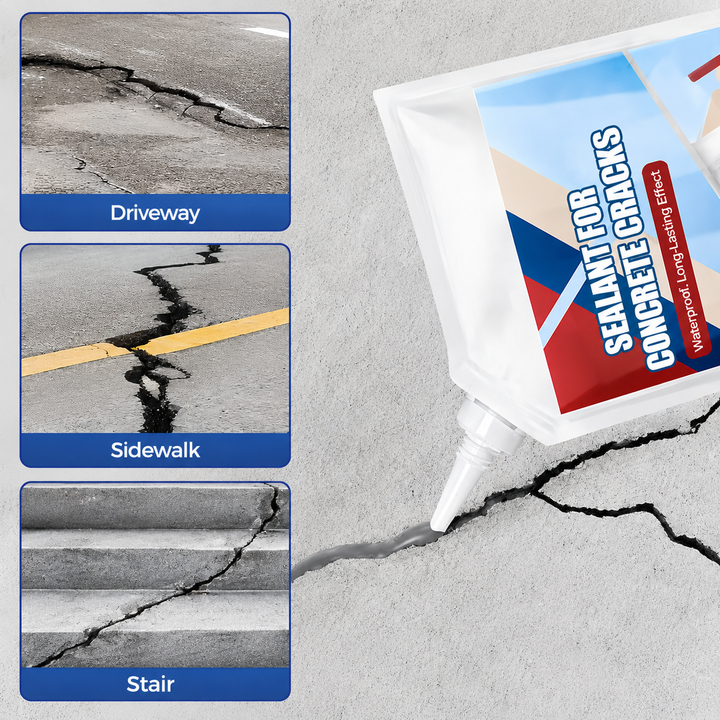 detail of sealant being dispensed into a concrete crack with example cracks on a driveway, sidewalk and stair