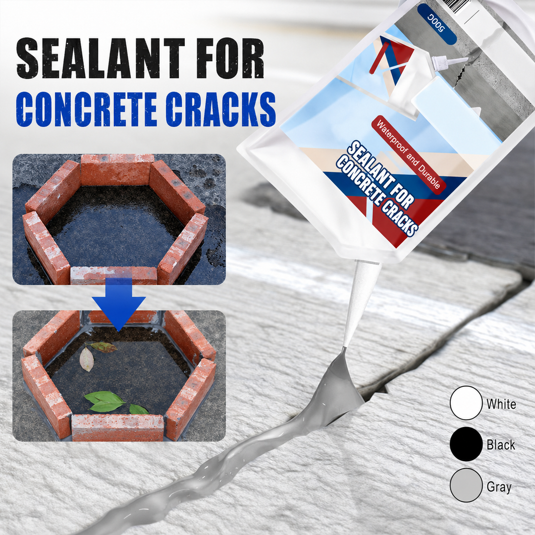 Pouch tilted over a concrete crack, squeezing out gray sealant, with a before-and-after brick basin and white, black and gray color options.