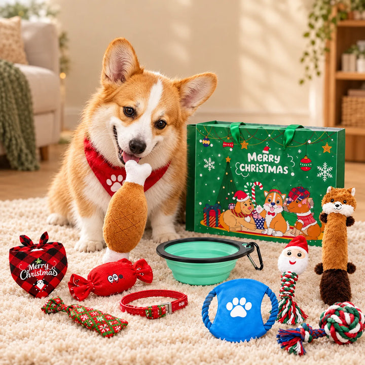 Corgi in a red bandana chews a plush drumstick toy on a shaggy rug, beside a green holiday gift bag and more toys. 1