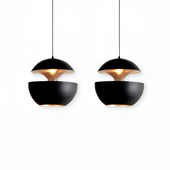 AppleGlow Pendant Light in black metal with warm gold interiors, side by side.