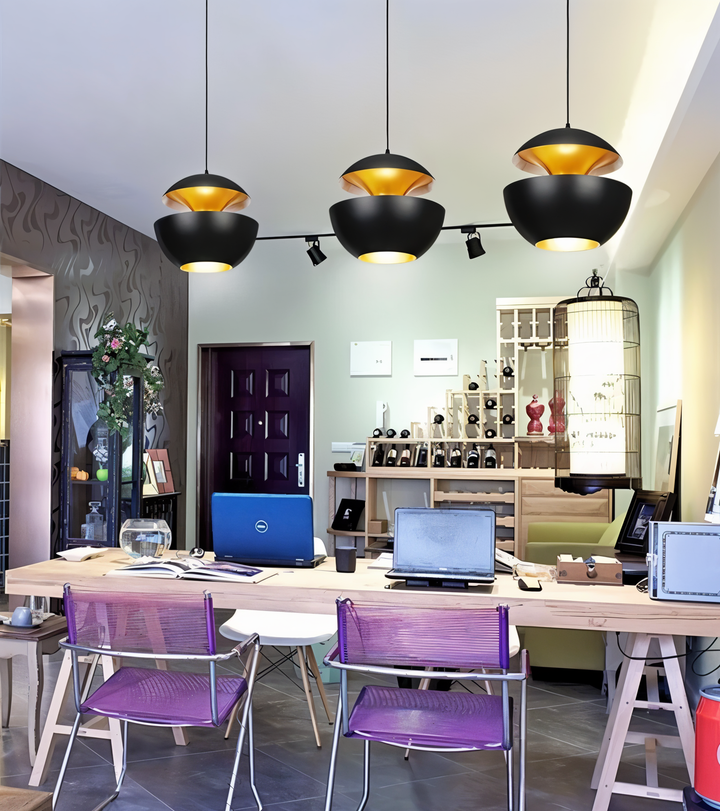 AppleGlow Pendant Light in black metal with gold interiors, another view.
