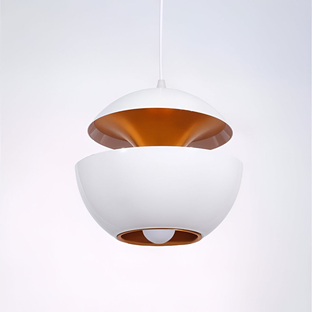 AppleGlow Pendant Light in white metal with split shell, gold interior and a white cord.