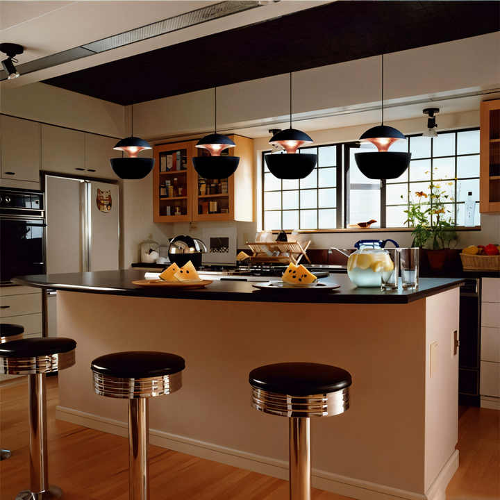 AppleGlow Pendant Light in black metal with warm glowing interiors, another view.