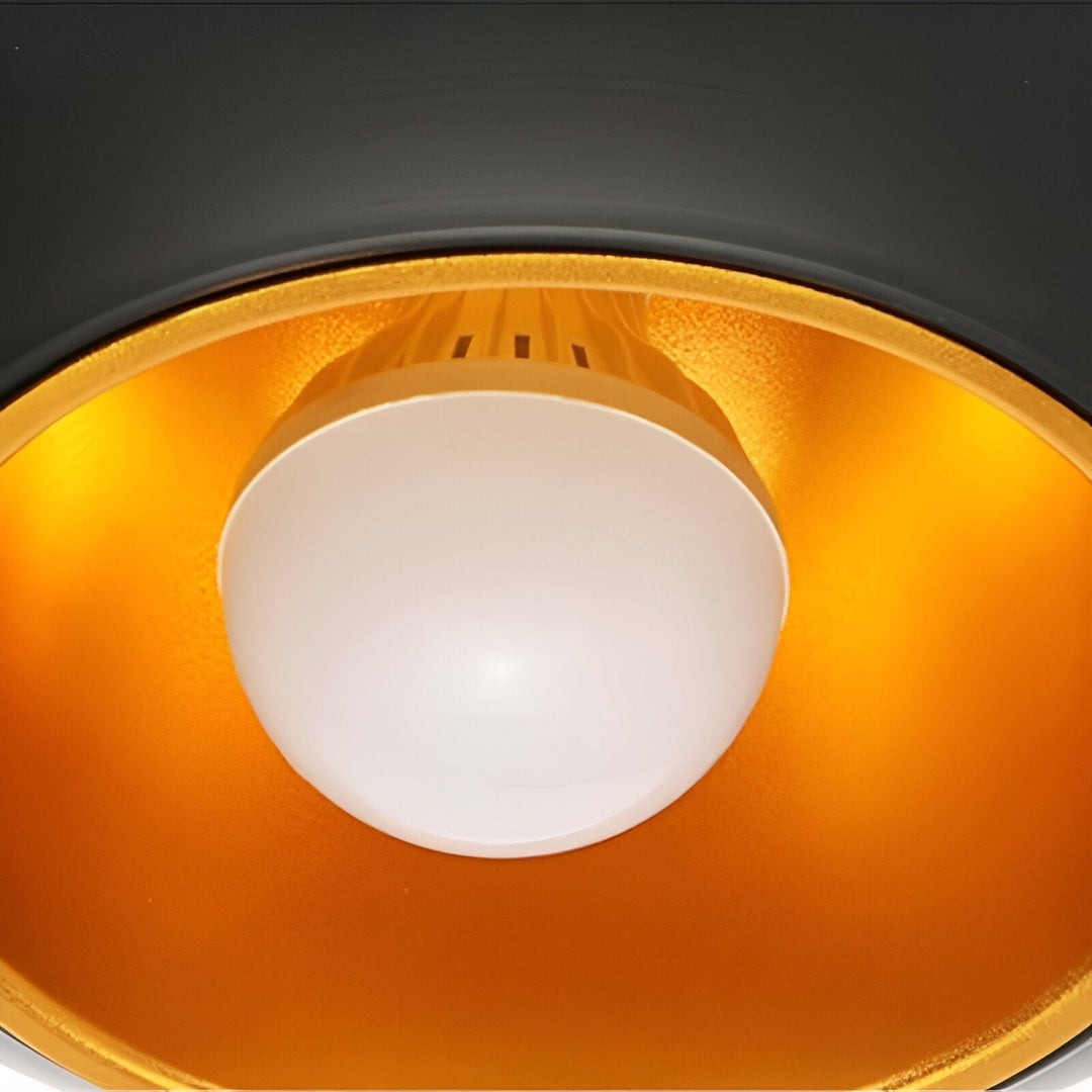 AppleGlow Pendant Light detail of a frosted bulb inside the gold-lined shade.