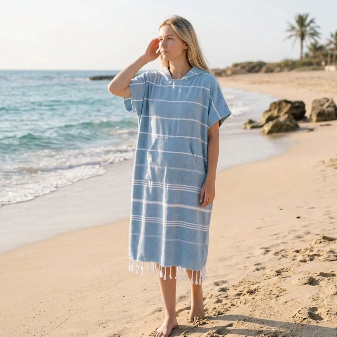 Hooded Changing Poncho - Women's - Quick-Drying Fabric - Relaxed Fit - Front Pocket - Striped Woven Style
