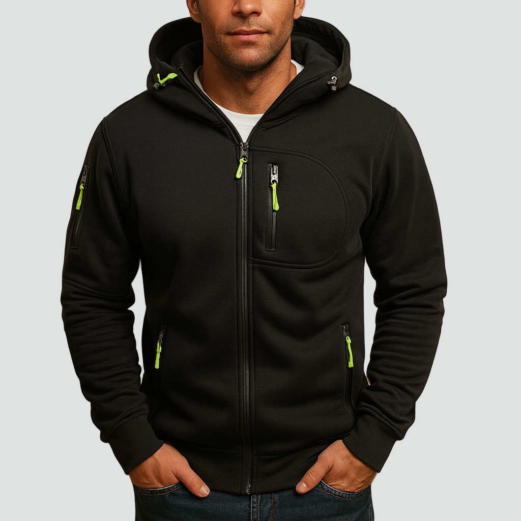 Men's black zip hoodie with lime green zipper pulls, a rounded chest pocket and sleeve pocket, detail.