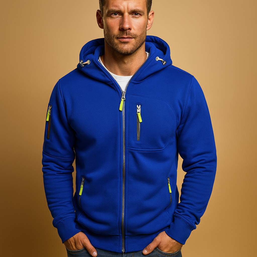 Men's royal blue zip hoodie with neon yellow zipper pulls and metal drawcord ends, another view.