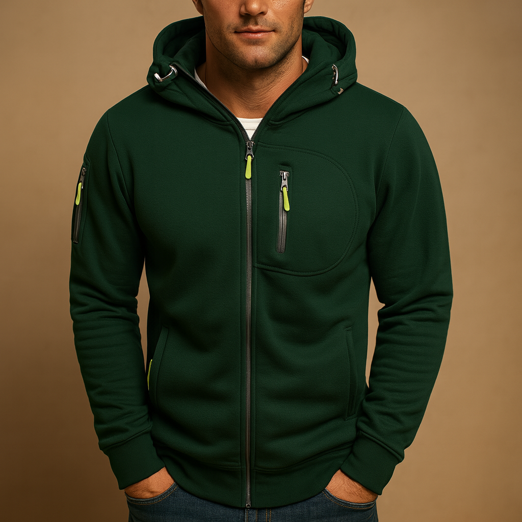 Men's dark forest green zip hoodie with lime zipper pulls, a curved chest pocket and sleeve zip pocket, another view.