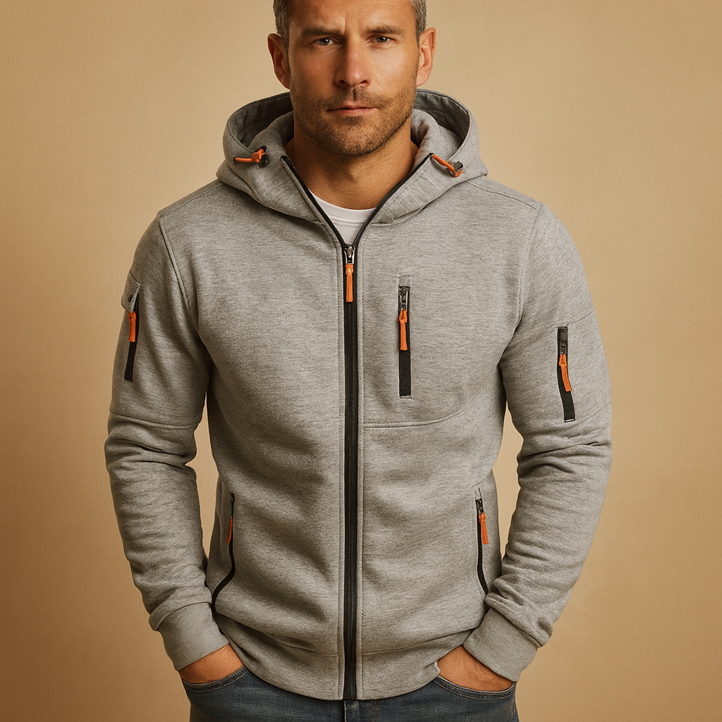 Men's heather gray zip hoodie with orange zipper pulls, black zipper tape and a zippered sleeve pocket, another view.