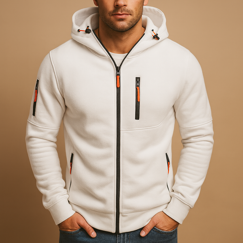 Men's white zip hoodie with orange zipper pulls, chest and sleeve zip pockets, front view.