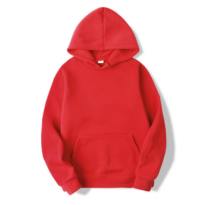 Front view of the hoodie in bright red, showing the lined hood, drawstrings, kangaroo pocket and ribbed cuffs and hem. 11