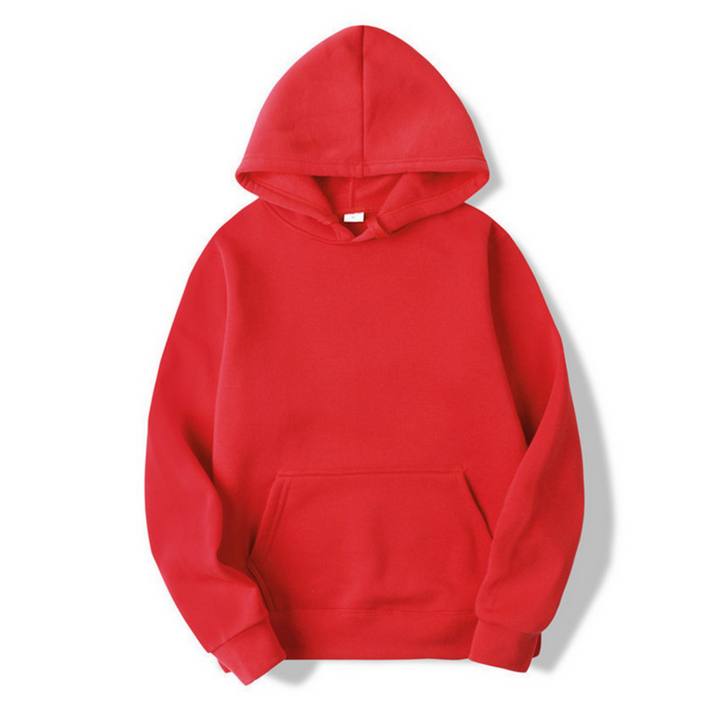Front view of the hoodie in bright red, showing the lined hood, drawstrings, kangaroo pocket and ribbed cuffs and hem. 11
