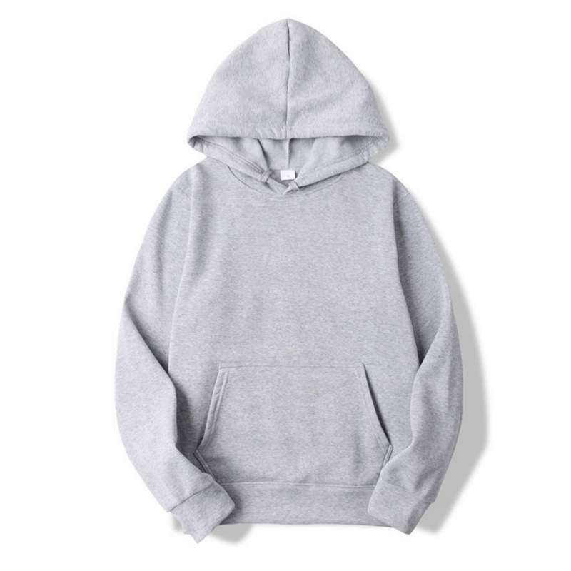 Front view of the hoodie in heather gray, showing the hood with drawstrings, ribbed cuffs and a front kangaroo pocket. 2