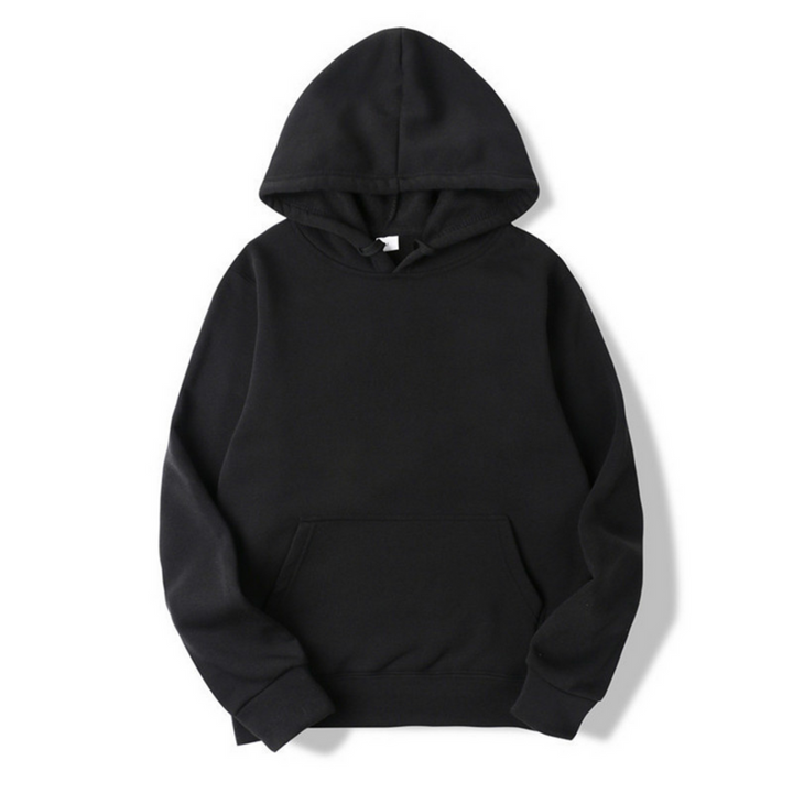 Front view of the hoodie in solid black, laid flat to show the hood, kangaroo pocket and ribbed cuffs. 3