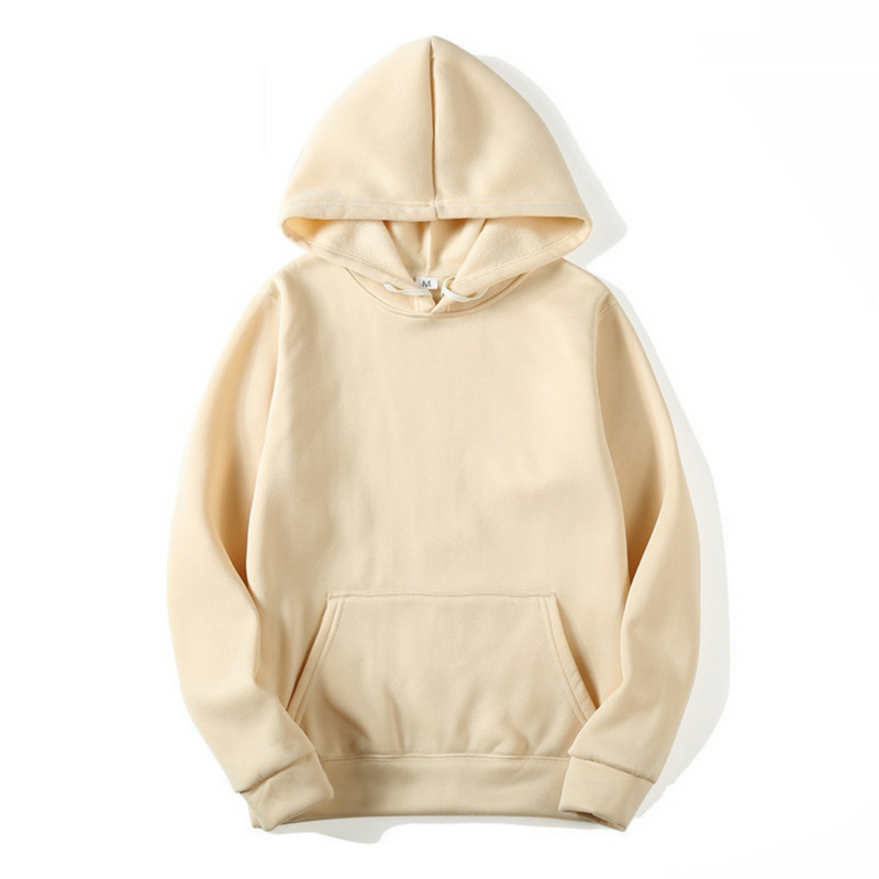 Front view of the hoodie in a light beige tone, with cream drawstrings, soft fleece hood lining and kangaroo pocket. 4