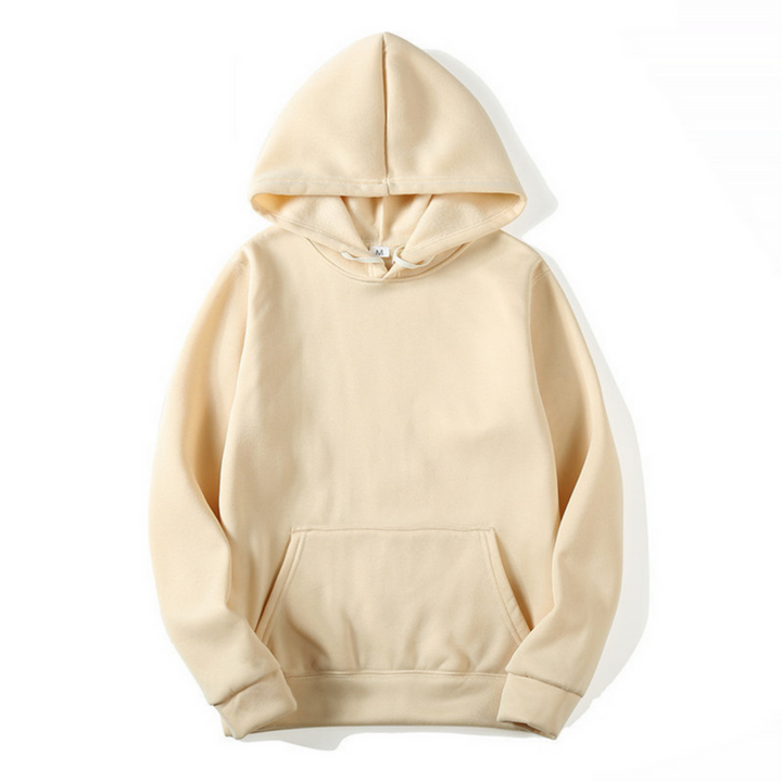 Front view of the hoodie in a light beige tone, with cream drawstrings, soft fleece hood lining and kangaroo pocket. 4