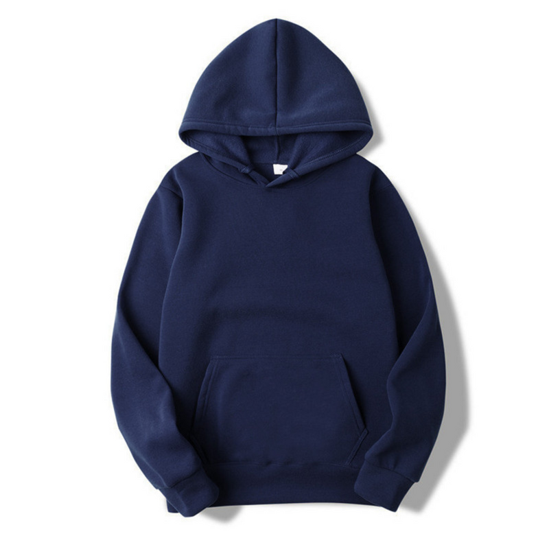 Front view of the hoodie in navy blue, laid flat with the hood, drawstrings, kangaroo pocket and ribbed hem visible. 7