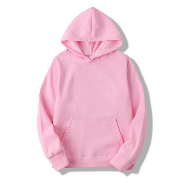 Front view of the hoodie in soft pink, with a roomy kangaroo pocket, ribbed cuffs and hem, and a drawstring hood. 8