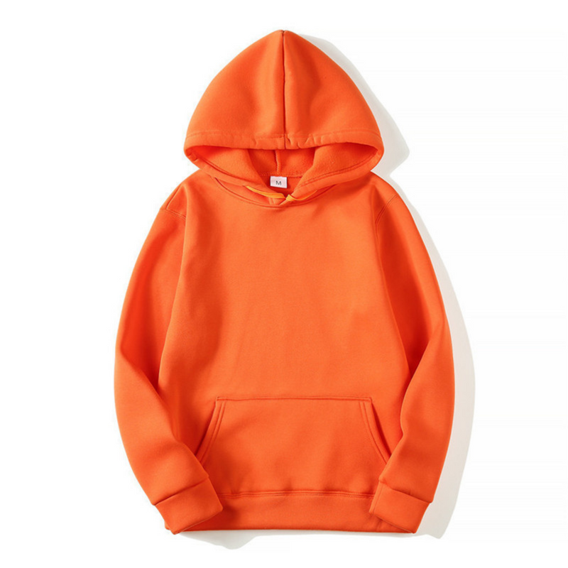 Front view of the hoodie in vivid orange, with matching drawstrings, kangaroo pocket and ribbed cuffs and hem. 9