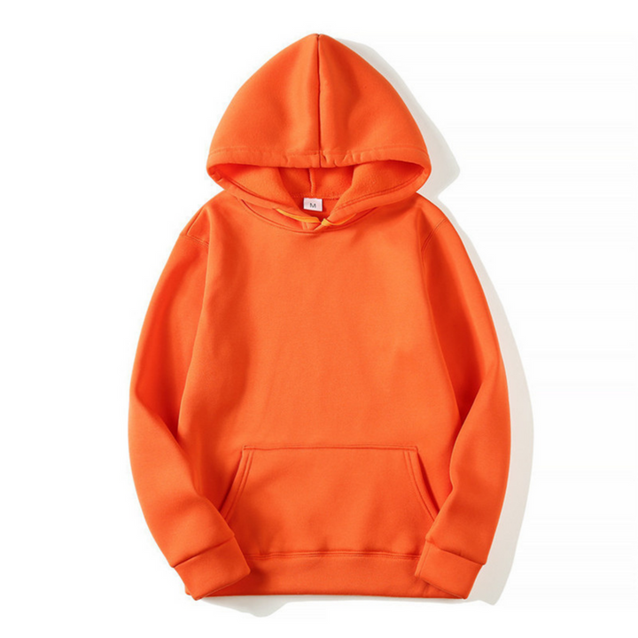 Front view of the hoodie in vivid orange, with matching drawstrings, kangaroo pocket and ribbed cuffs and hem. 9