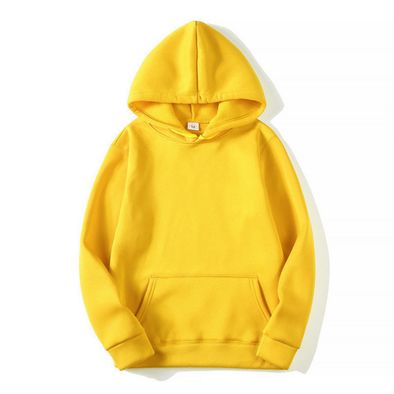 Front view of the hoodie in bright yellow, with matching drawstrings, ribbed cuffs and hem, and a kangaroo pocket. 1
