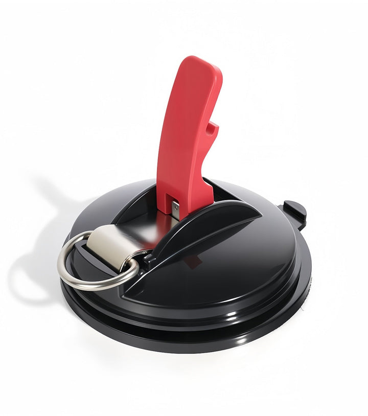 Close-up of the black suction mount with red release lever and a metal D-ring attachment, shown on a white background. 6