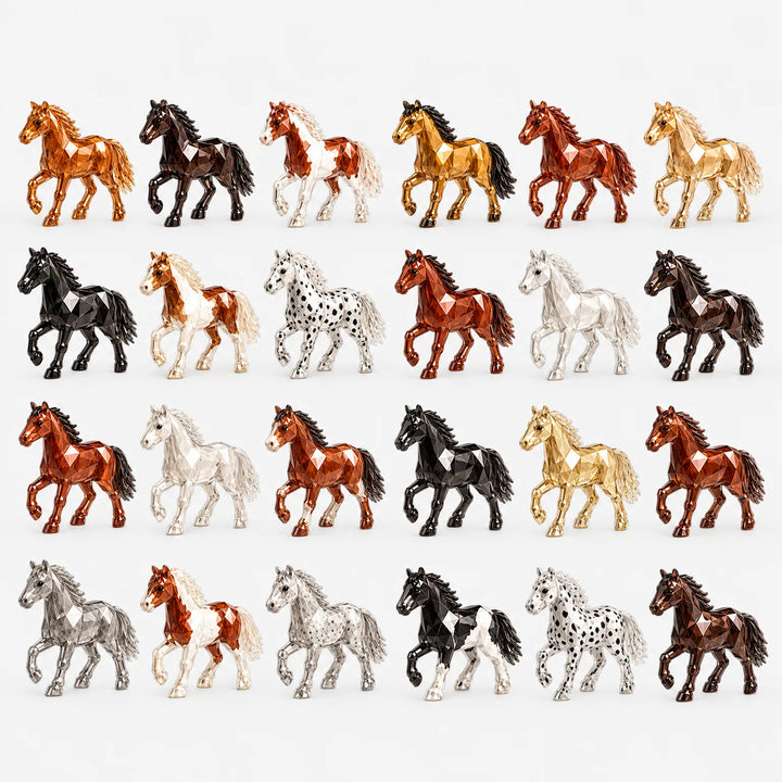 Flat lay of twenty-four faceted horse figurines in brown, black, gold, white, spotted and pinto coats, arranged in four rows on a white background. 2