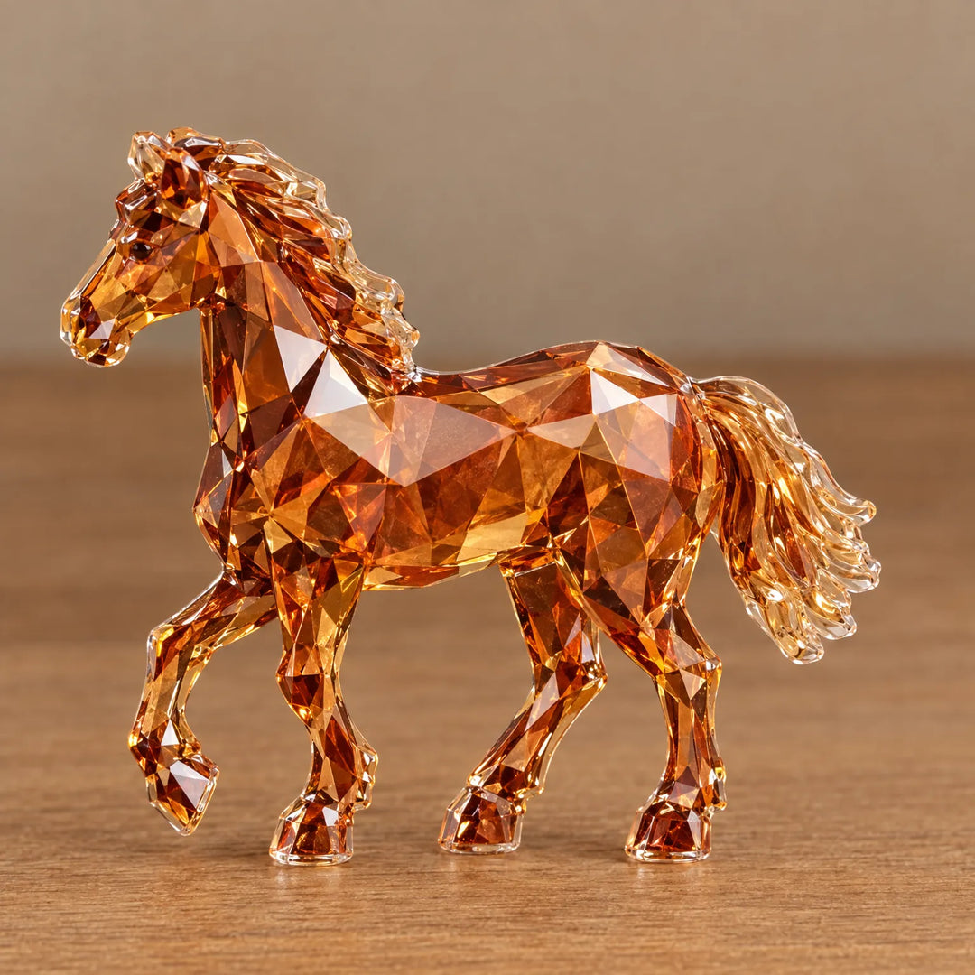 Close-up of one amber-colored faceted horse figurine with a raised front hoof and flowing mane and tail, standing on a wooden surface. 3
