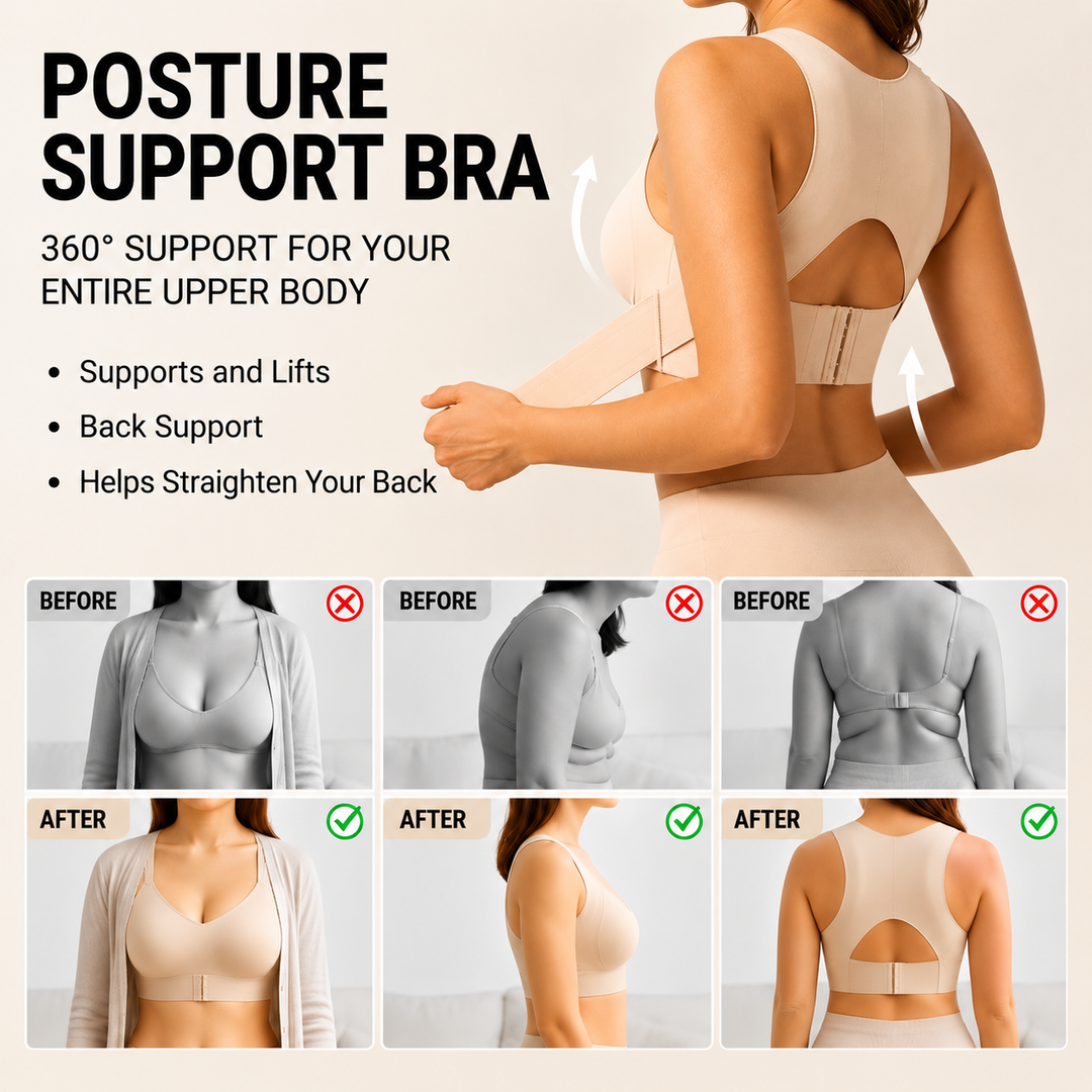 Back view of a model in a beige bra with open cutout back, pulling the elastic band across, above before-and-after comparison shots. 4