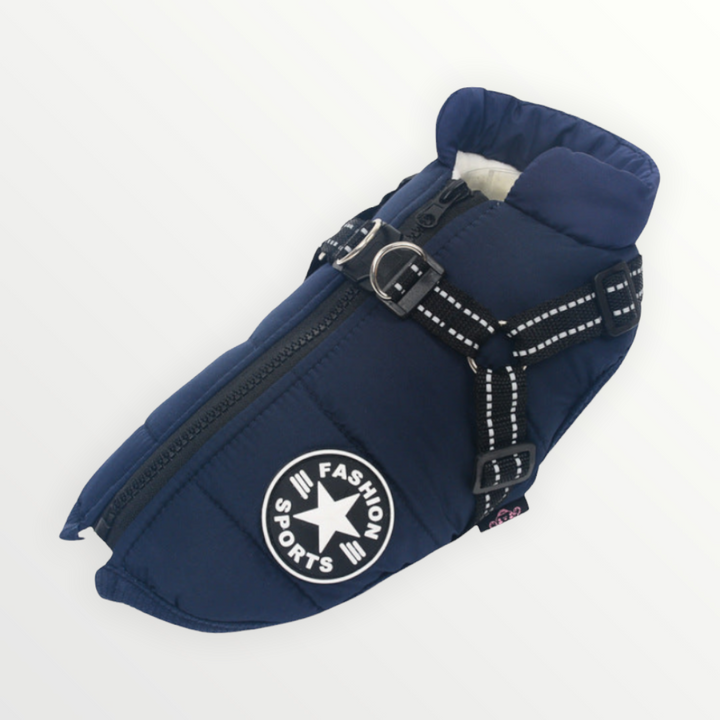 Navy blue jacket photographed flat, showing the back zipper, reflective harness straps with metal D-ring, chest patch and fleece-lined collar. 16