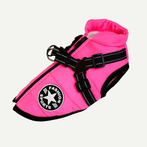 Bright pink jacket with black trim photographed flat, showing the harness straps with leash ring, zipper, chest patch and padded collar. 17