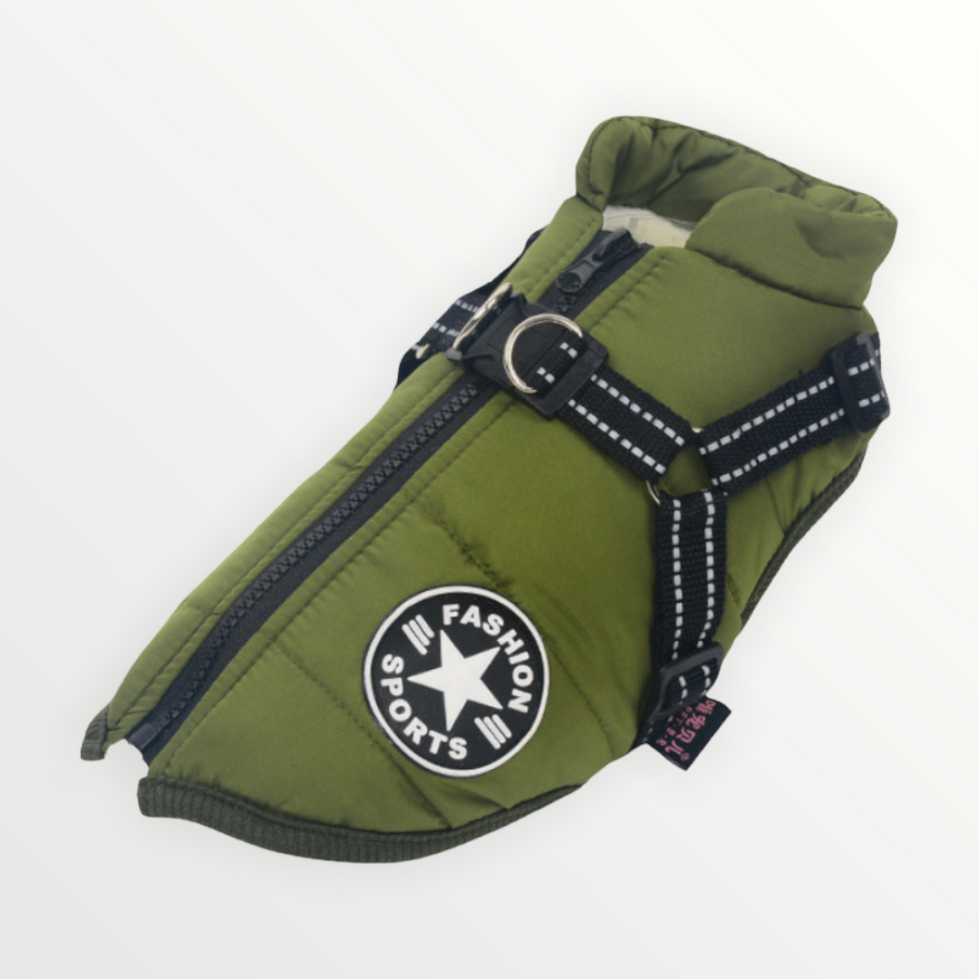 Olive green jacket with ribbed hem photographed flat, showing the zipper, reflective harness straps with D-ring and round chest patch. 18
