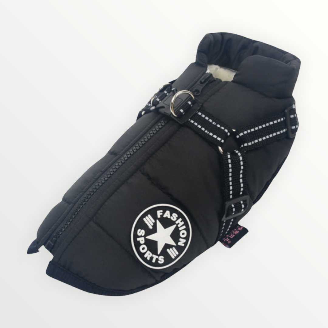Black quilted jacket photographed flat, showing the zipper, reflective harness straps with D-ring, chest patch and fleece-lined collar. 19