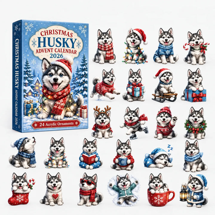 Light blue box with a husky puppy in a red scarf, laid out with 24 ornaments including a sleeping pup, a reader, and a cocoa cup. 6