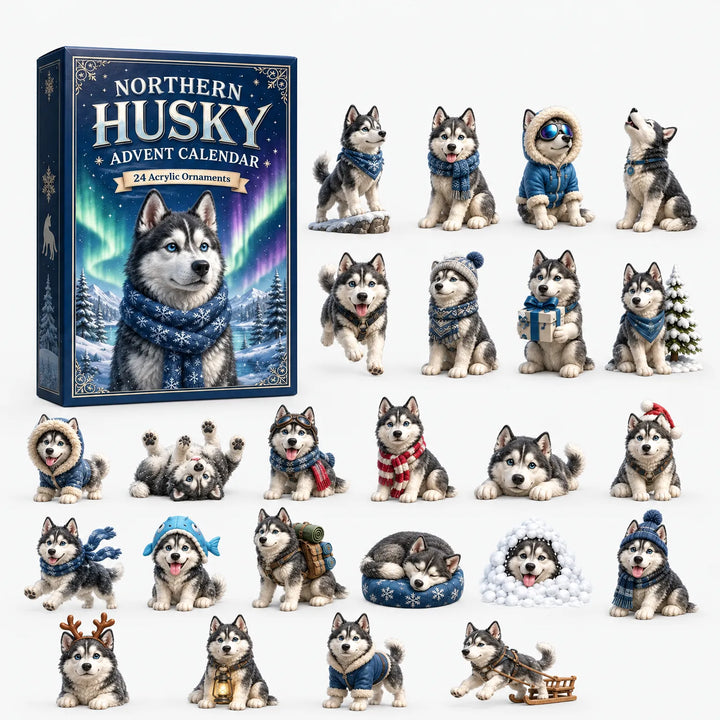 Navy aurora box with a husky in a blue scarf, arranged with 24 ornaments of huskies in hoods, hats, a snow igloo, bed and sled. 7